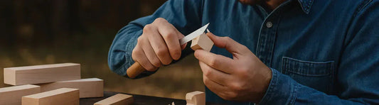 Sculpteur débutant travaillant sur une pièce de bois avec des couteaux à sculpter.