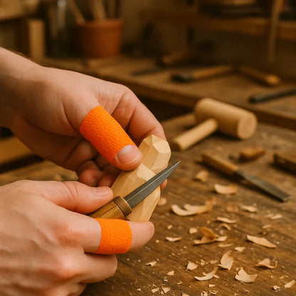 Protection pour doigts conçue pour éviter les coupures pendant la sculpture du bois.