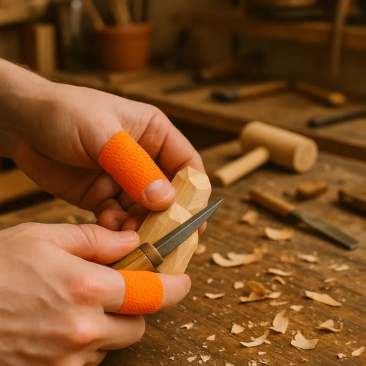 Protection pour doigts conçue pour éviter les coupures pendant la sculpture du bois.